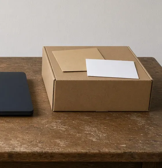 A sealed brown carton on a wood desk with a blank kraft sheet and a blank white sheet on the lid.