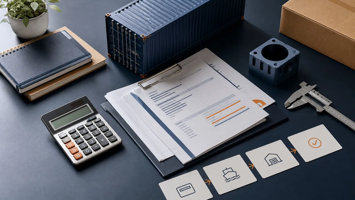 A buyer decision desk with freight documents, calculator, cargo container, product sample and inspection tools.