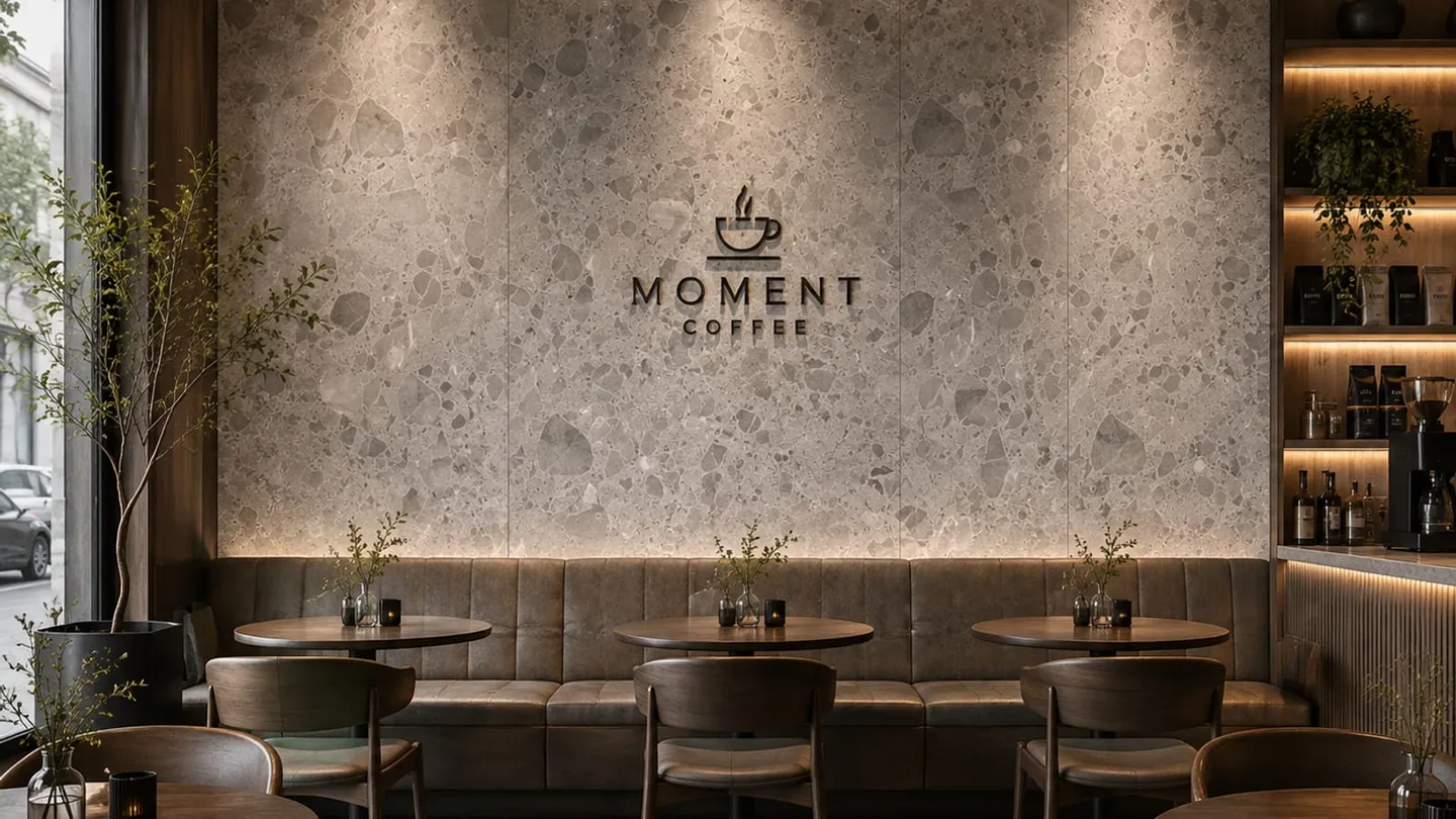 Cafe interior with a terrazzo feature wall, a finished commercial space whose cost was set by trade terms and landed price.