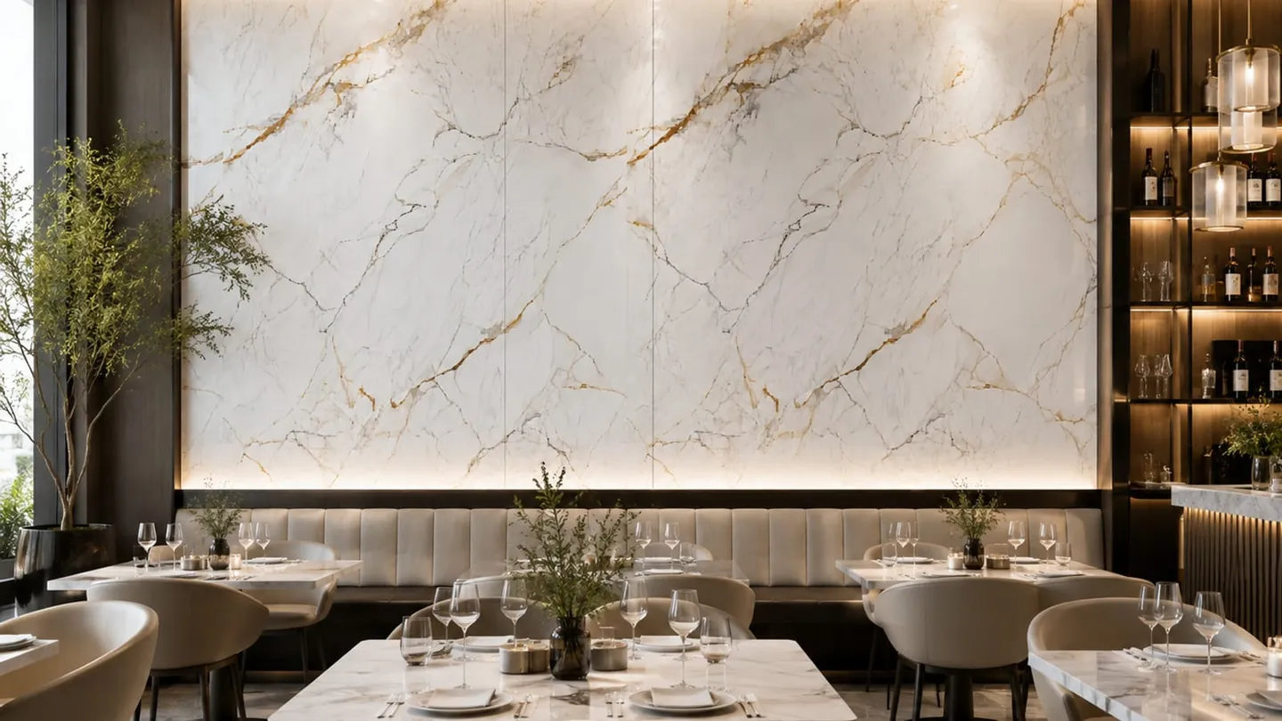 Luxury restaurant interior with white decorative wall panels, a finished commercial space where specification has to hold up in use.