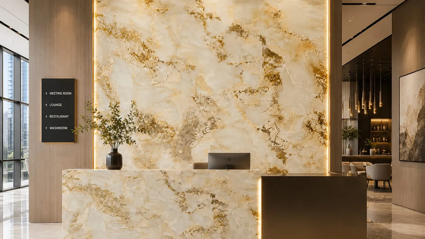 Luxury commercial reception with a jade-gold stone-look wall, typical of branded interiors that move through authorised channels.