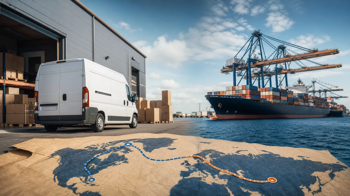 A local warehouse van and an overseas container ship shown across two sourcing routes.