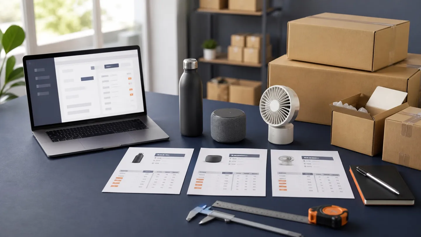 Product samples, supplier comparison sheets, measuring tools and shipping cartons arranged for an ecommerce sourcing workflow.
