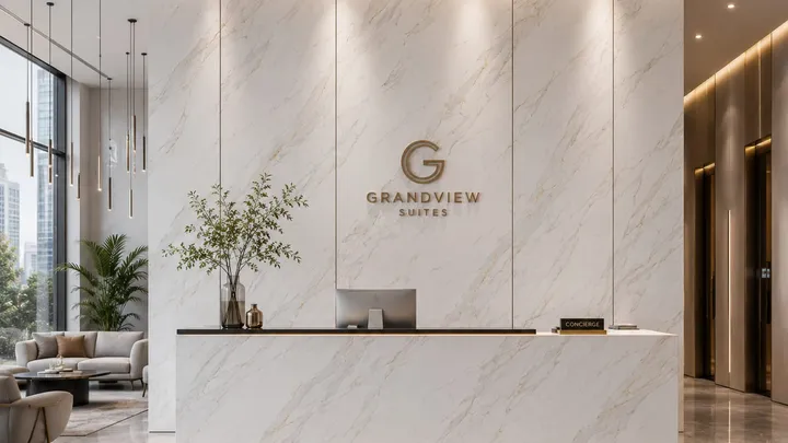 Commercial reception wall in gold-vein marble-look panels, a finished specification reached after a sourcing sequence.