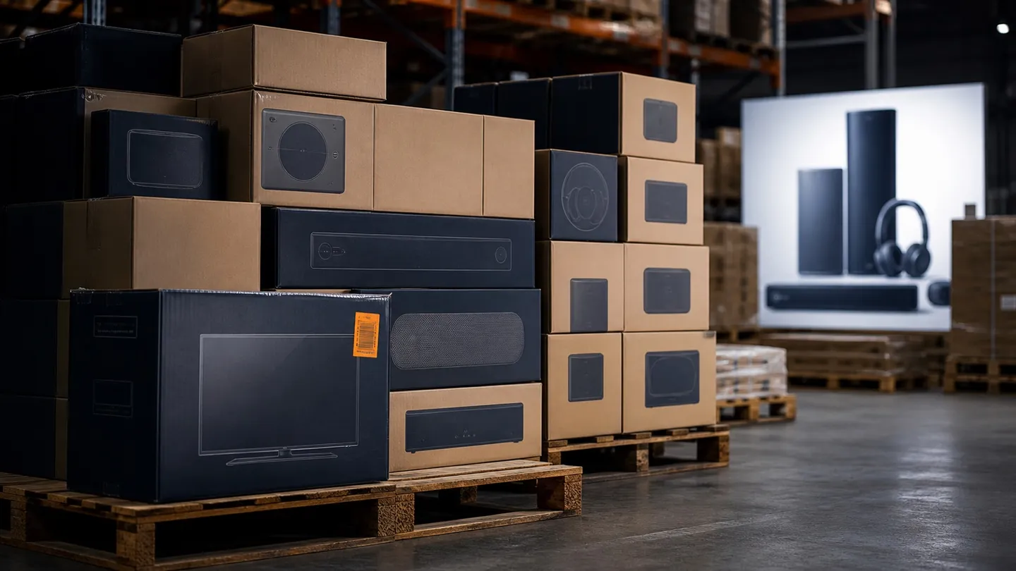 Pallets of generic boxed electronics with one outgoing model marked for clearance and newer products in the background.