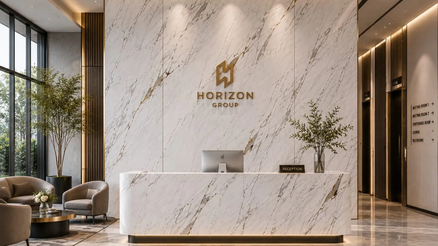 Commercial reception with a stone-look feature wall, the kind of finished space a distributor account is meant to keep supplied.