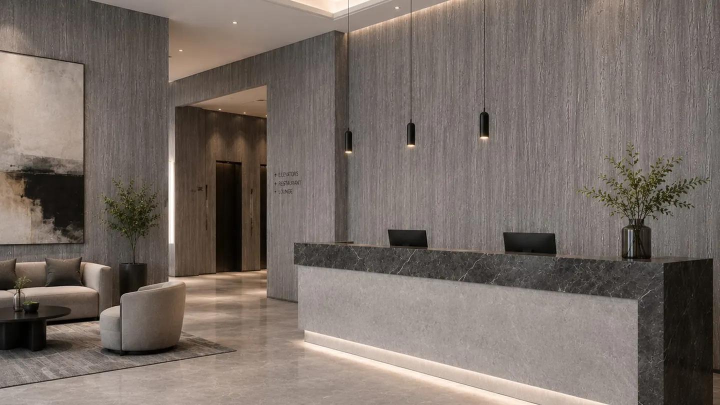 Hotel lobby reception desk and lounge, a finished commercial interior typically supplied through a distributor rather than a factory.