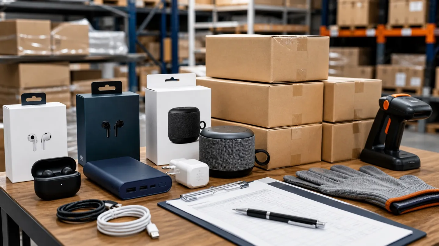 Generic consumer electronics, cartons and inspection tools arranged on a procurement quality-control table.