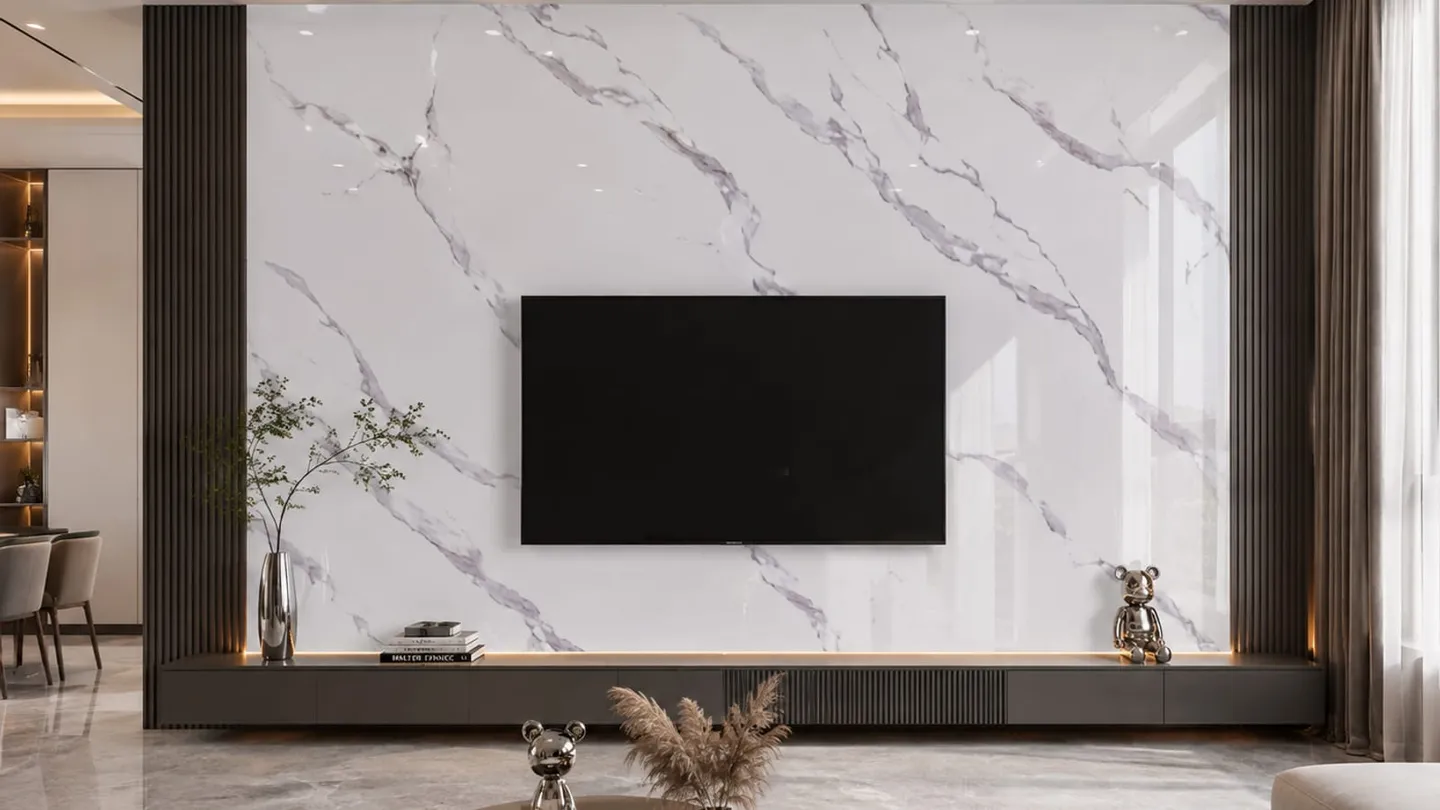 Living-room television wall in white marble-look panels, a finished retail setting where a bad handset becomes a visible problem.