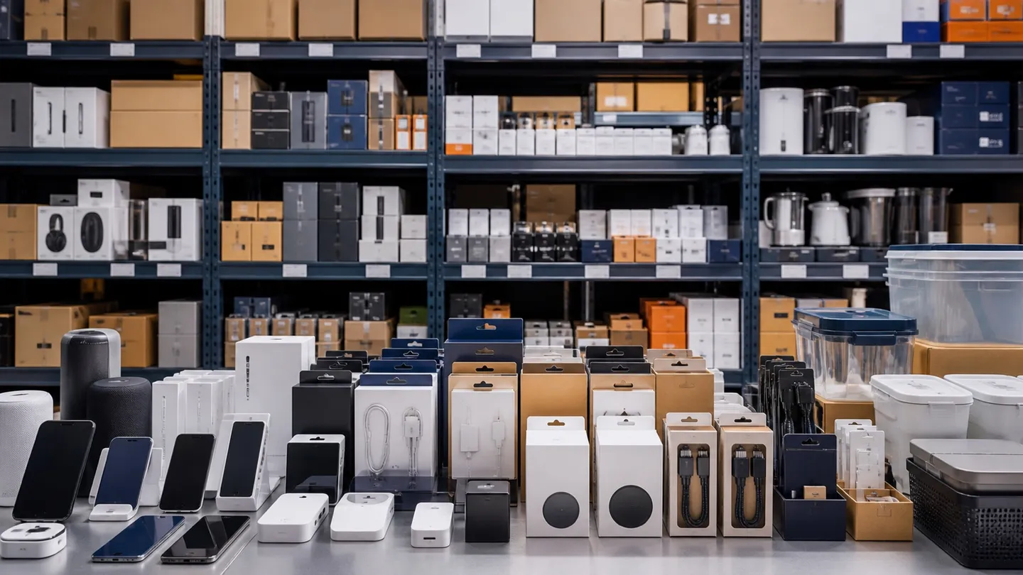 Multiple wholesale product categories grouped across warehouse shelving and a product display table.