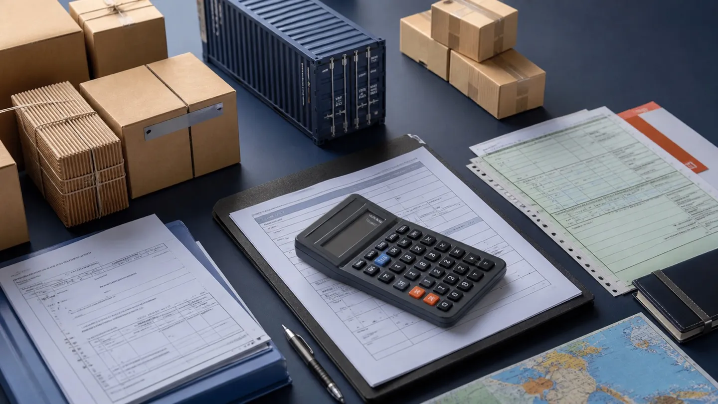 Shipping documents, calculator, cartons and a miniature freight container arranged for a landed-cost calculation.