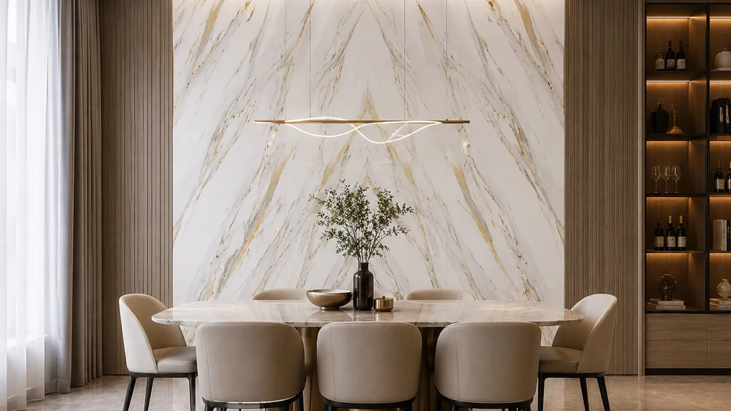 Dining room with a gold-vein feature wall, used as a finished-space stand-in for the presentation new handset stock is bought to support.