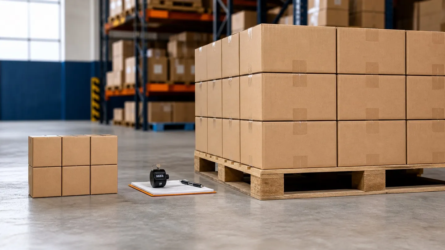 A counted small batch of cartons beside a full wholesale pallet in a warehouse.