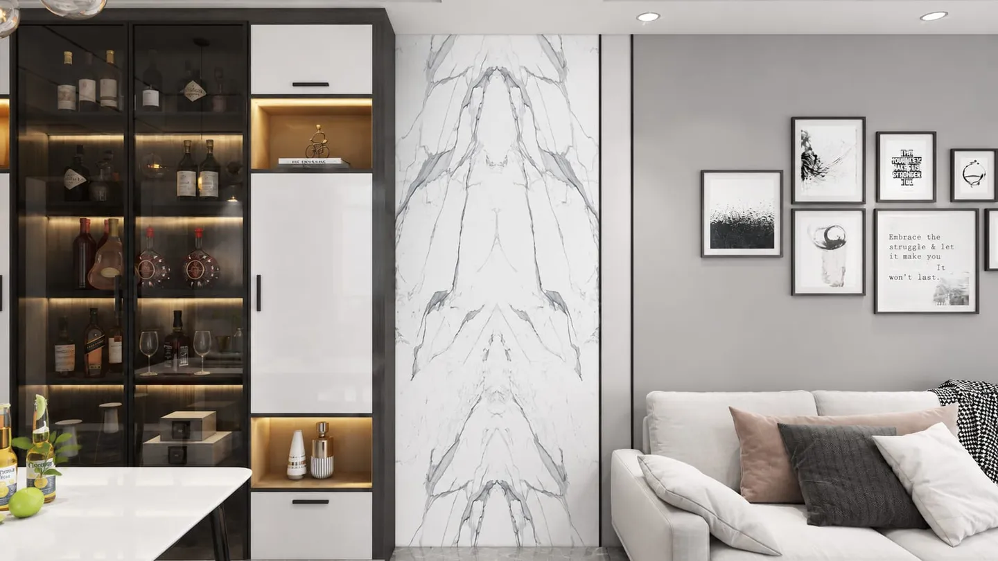 Large-format stone-look wall in a modern interior, a finished specification that usually requires a production minimum.
