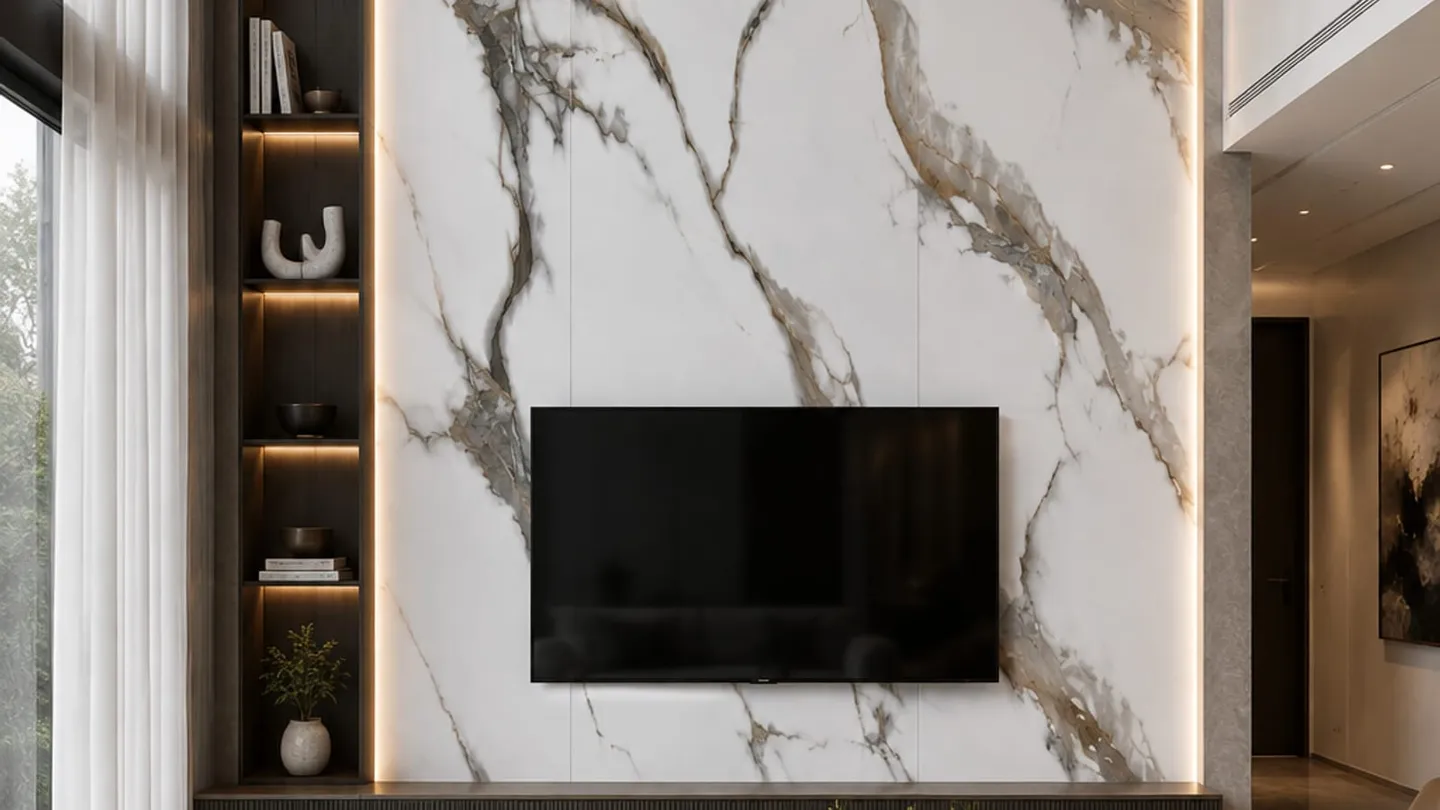 Double-height television feature wall in a luxury interior, the kind of presentation new stock is bought to support.