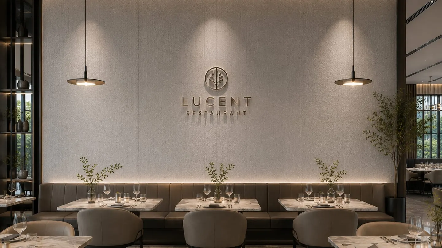 Restaurant feature wall in a grey fabric-texture panel, a finished interior used as a stand-in for goods that must perform after delivery.