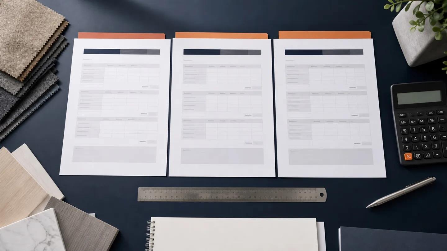 Three supplier quotation sheets aligned side by side with samples, calculator and measuring tools.