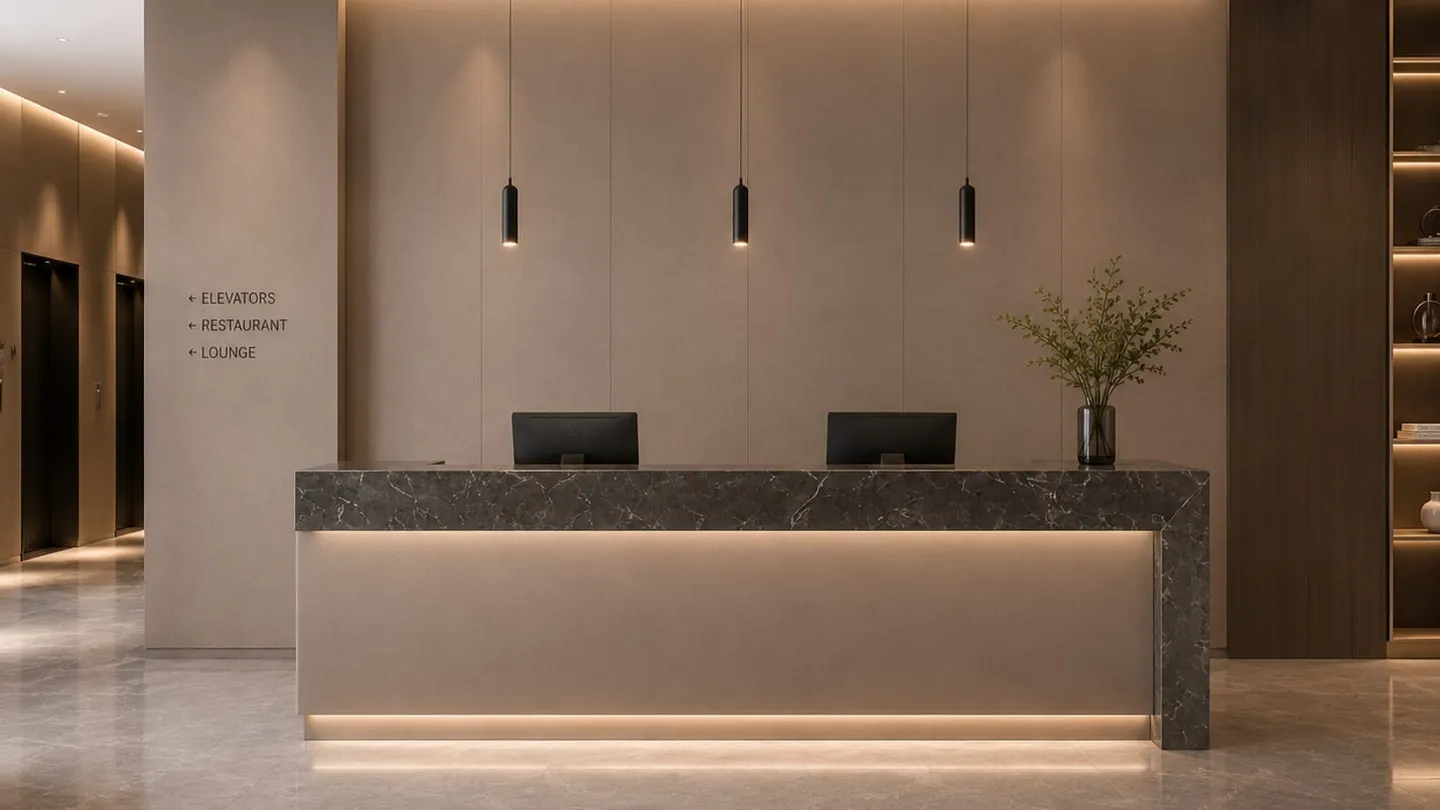 Compact hotel reception with a gold-tone feature wall, a smaller commercial fit-out typical of a low-volume first account.
