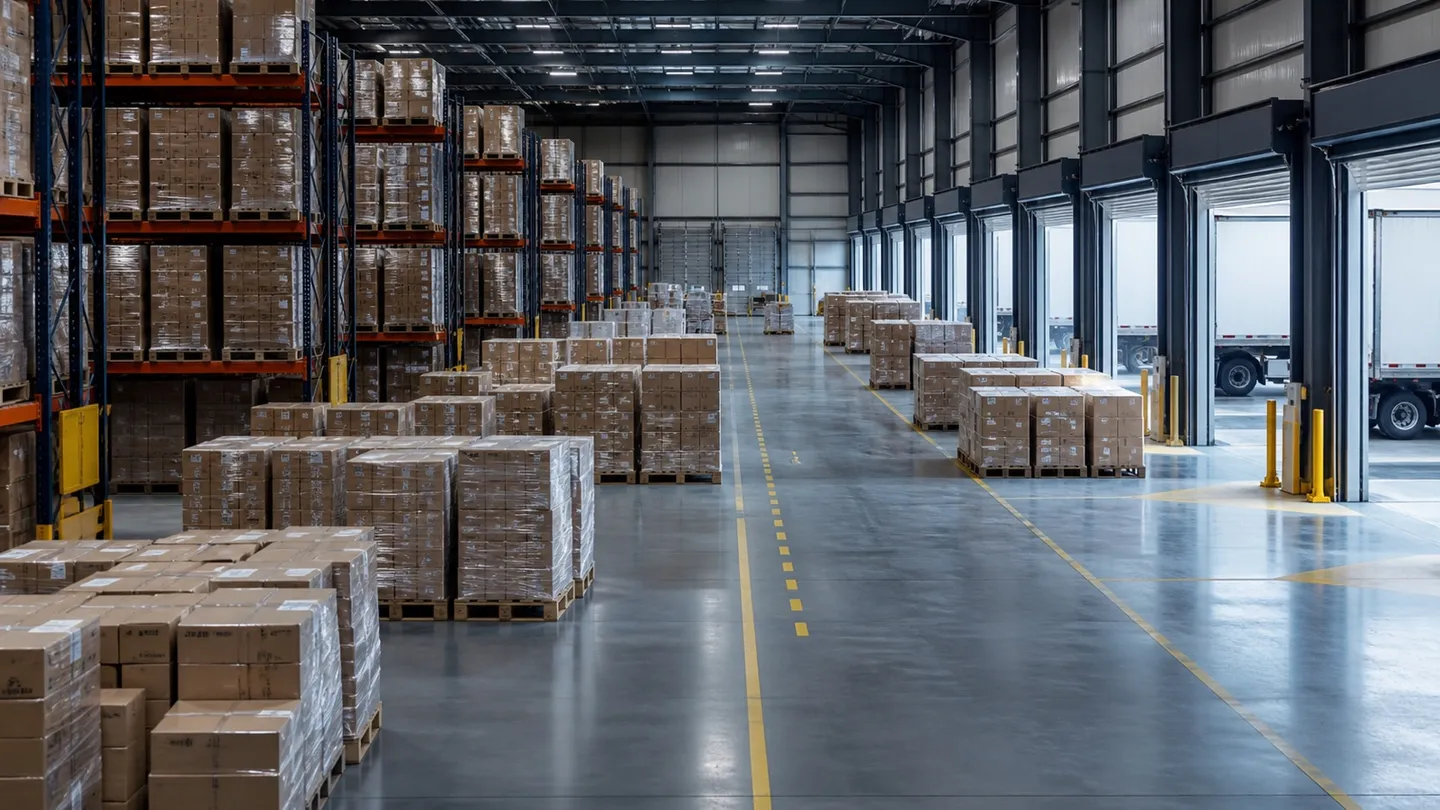A large distribution centre with palletised inventory arranged beside multiple outbound loading bays.