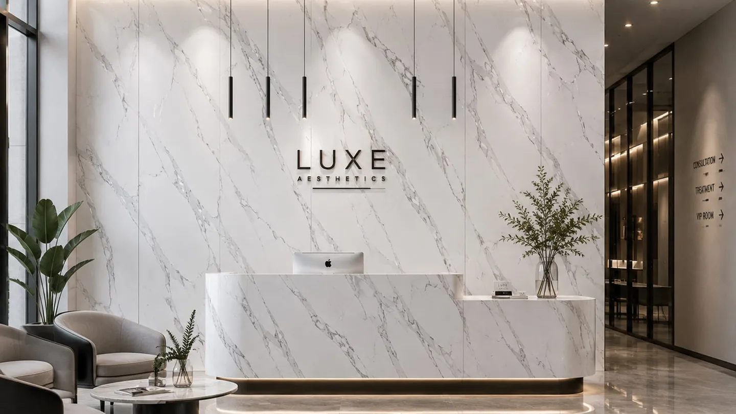Commercial reception with a marble-look feature wall, typical of interiors supplied through authorised wholesale distribution.