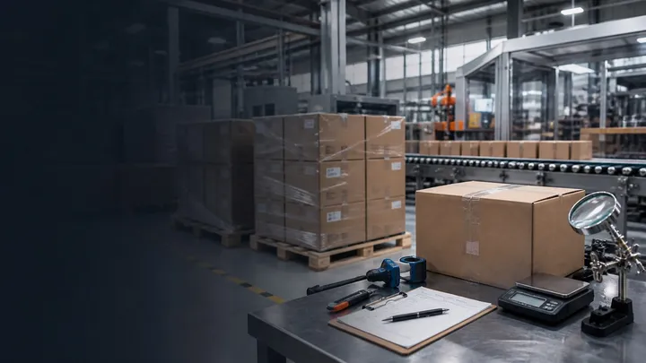 Packaged wholesale goods and quality-control tools inside a working supplier factory.