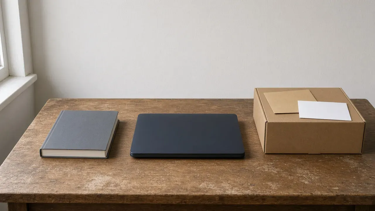A closed gray catalog, a closed laptop, and a sealed carton with two blank sheets on a wood desk by a window.