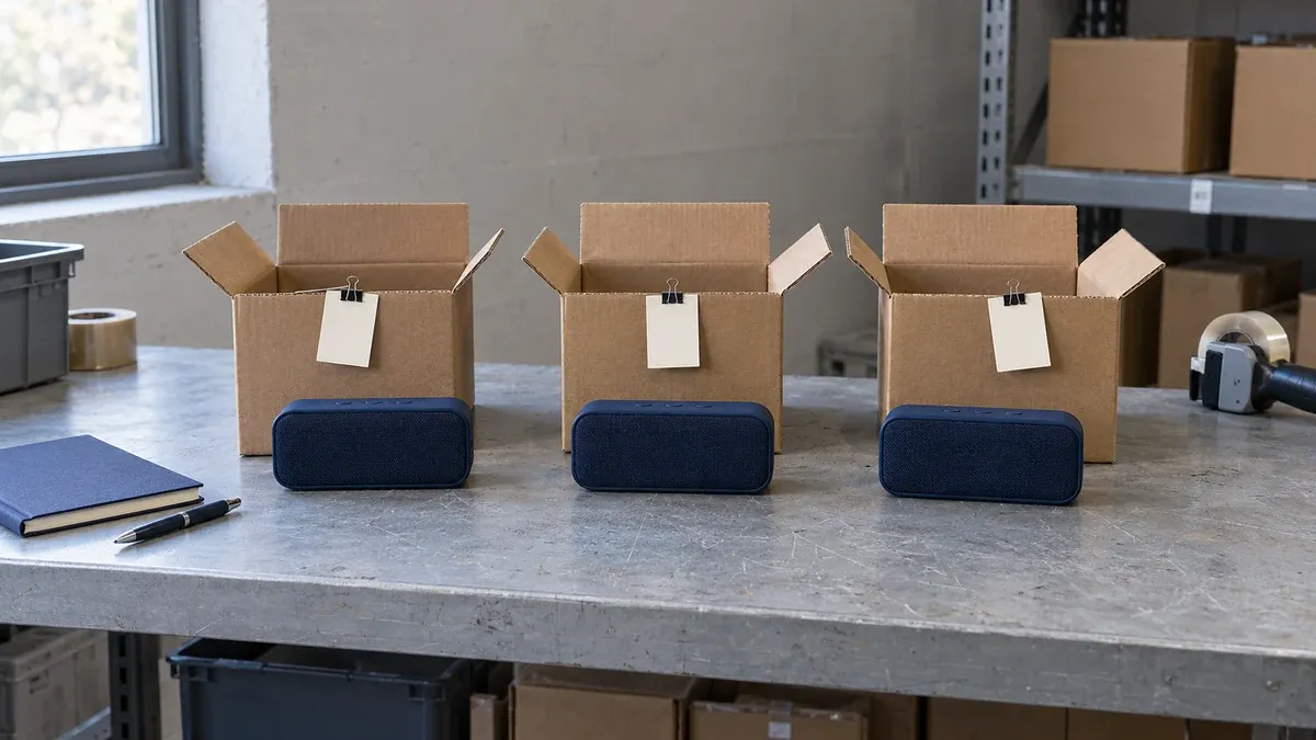 Three opened plain cartons on a warehouse bench, each with a blank tag and the same dark fabric speaker in front of it.