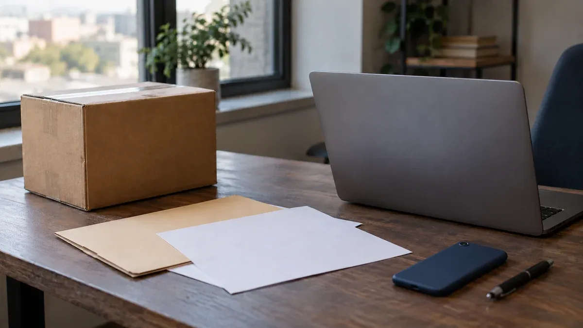 A sealed unmarked carton, closed manila folder and blank face-down papers on a naturally lit purchasing desk, beside a laptop facing away, face-down phone and pen.