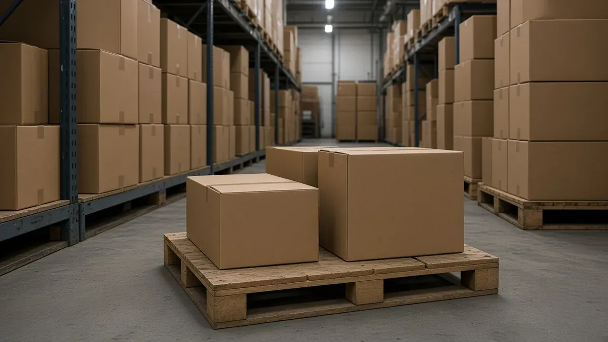Plain brown cartons on a wooden pallet in a warehouse aisle, with more cartons on the racks behind.