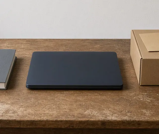 A closed laptop centered on a wood desk, with the edge of a closed catalog at the left and the edge of a carton at the right.