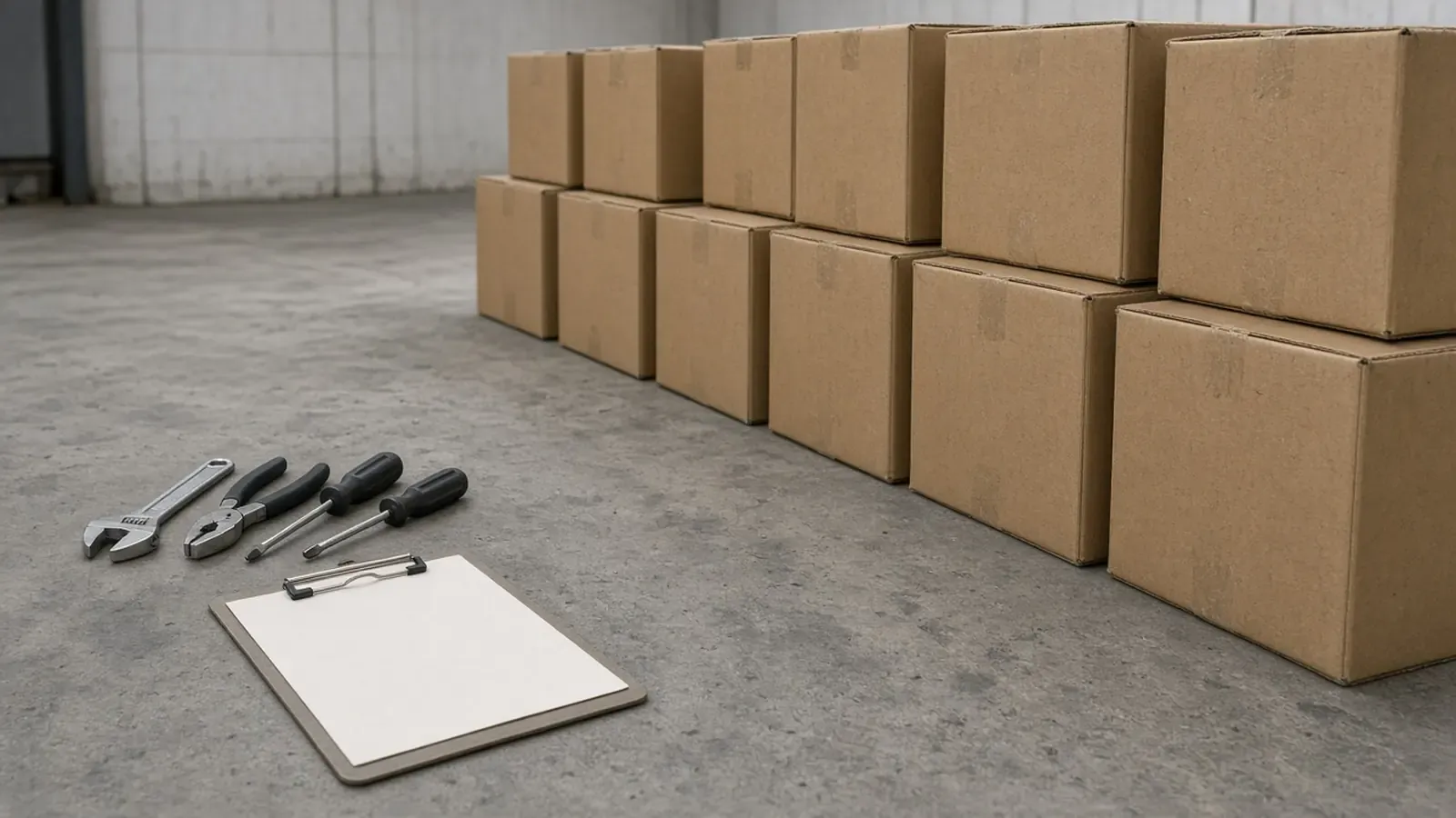 Plain tools and a blank clipboard beside unlabeled cartons. The quantity threshold can reflect production, packaging, or order constraints.