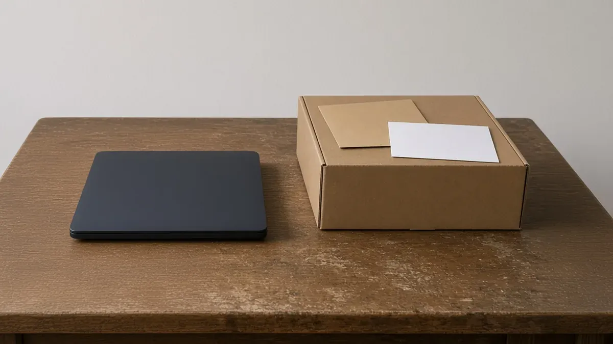 A face-down dark calculator on a wood desk beside a sealed carton, with a blank kraft sheet and a blank white sheet on the carton.