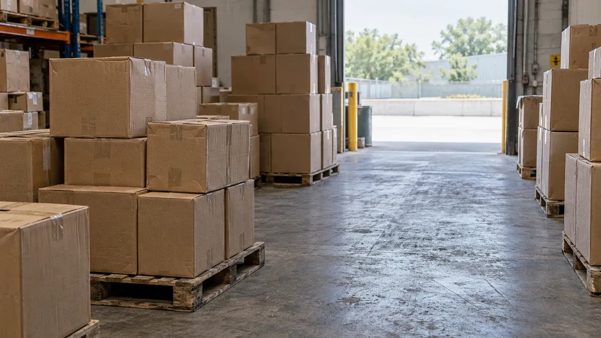 Plain cartons on pallets beside a warehouse loading aisle.