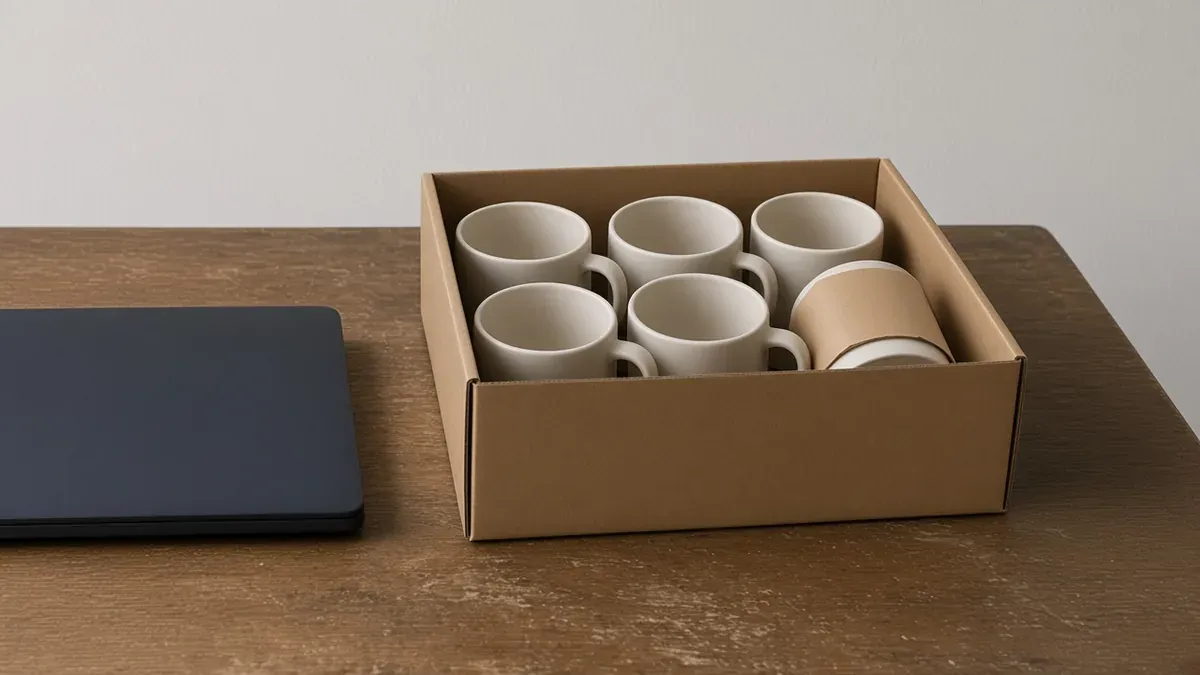 An open carton of plain white mugs on a wood table, one mug wrapped in plain brown paper, beside a closed dark laptop.