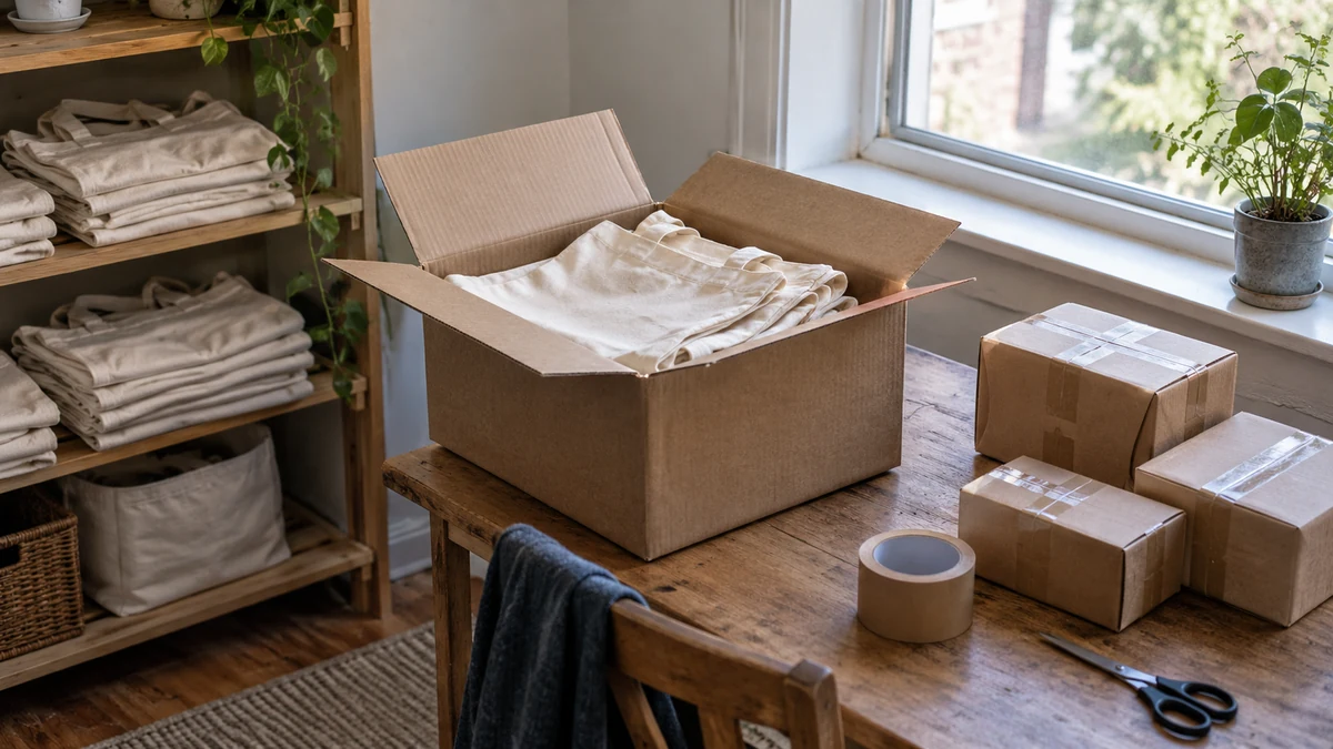 A home packing table with folded tote bags, stored stock and parcels.
