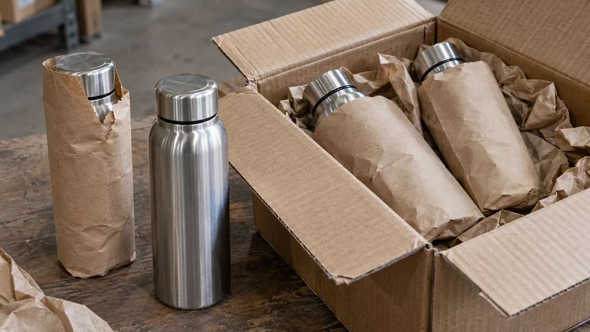 Unbranded bottles and paper sleeves beside an open shipping carton.