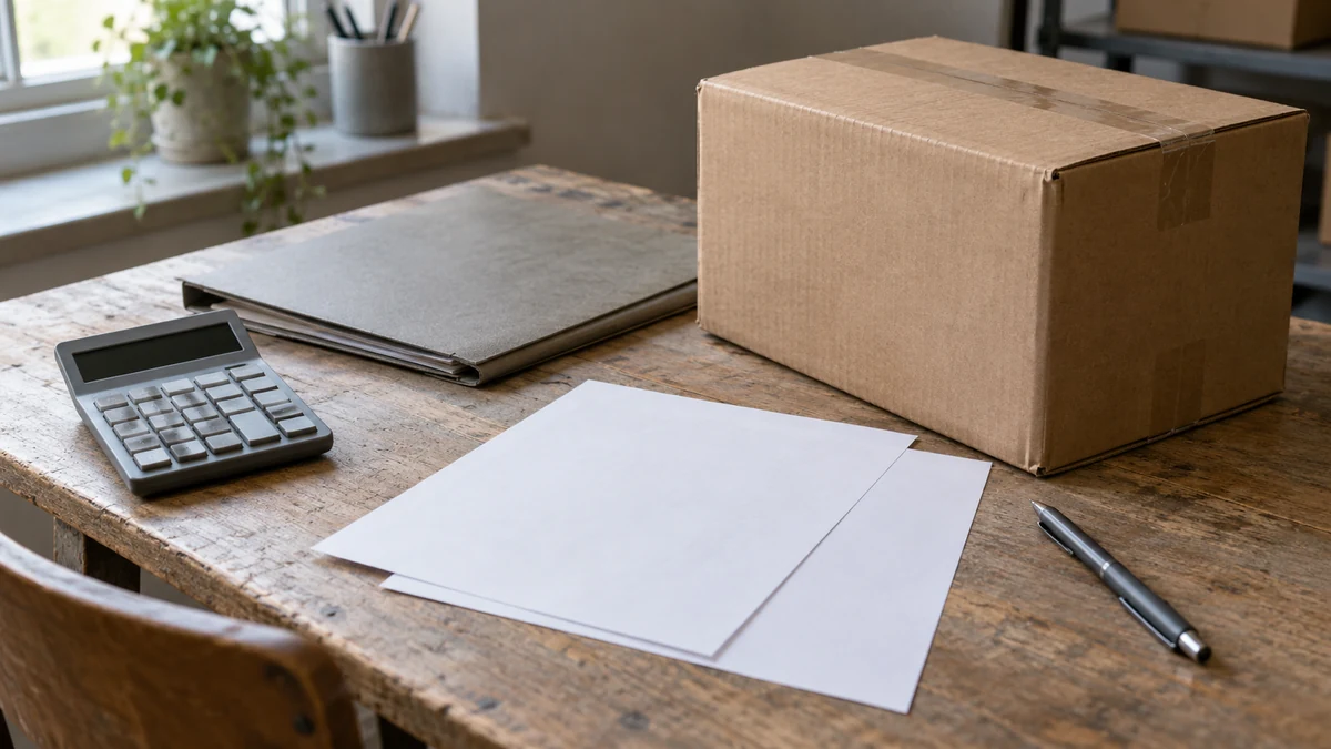 A shipping carton, folder, paper backs and calculator on a purchasing desk.