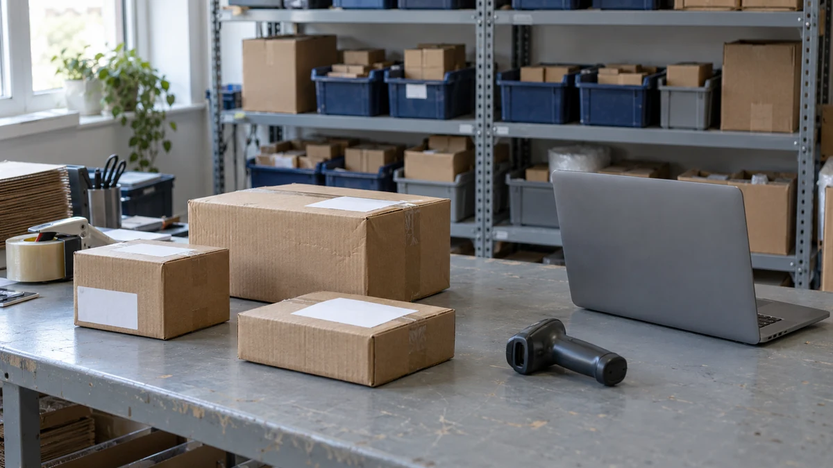 A packing bench with sealed parcels carrying blank labels, a handheld scanner and a laptop turned away, in front of shelves of stock bins.