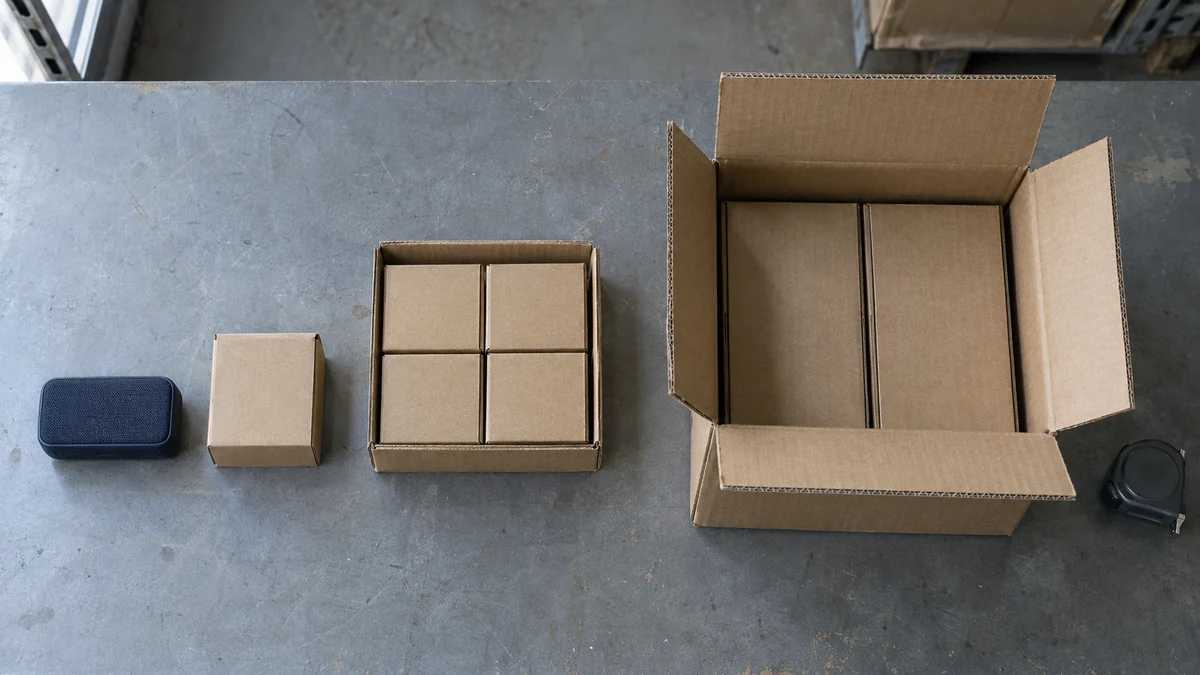 Top-down view of a speaker, its plain retail box, an inner pack of four boxes and an open shipping carton in a row, with a tape measure beside the carton.