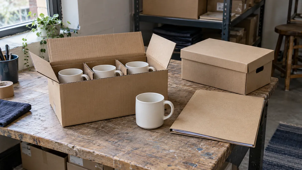 Ivory ceramic mugs in a divided carton with a matching mug, closed folder and archive box on a packing bench.