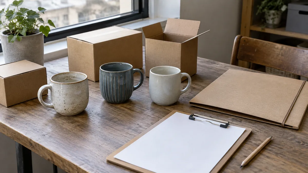 Three ceramic mugs, plain sample cartons, a kraft folder and a blank clipboard on a wooden workbench.