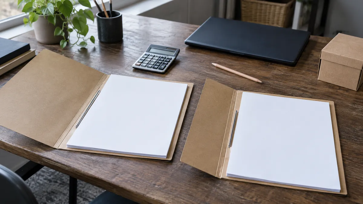 Two open kraft folders with blank paper, a calculator and a closed laptop on a desk.