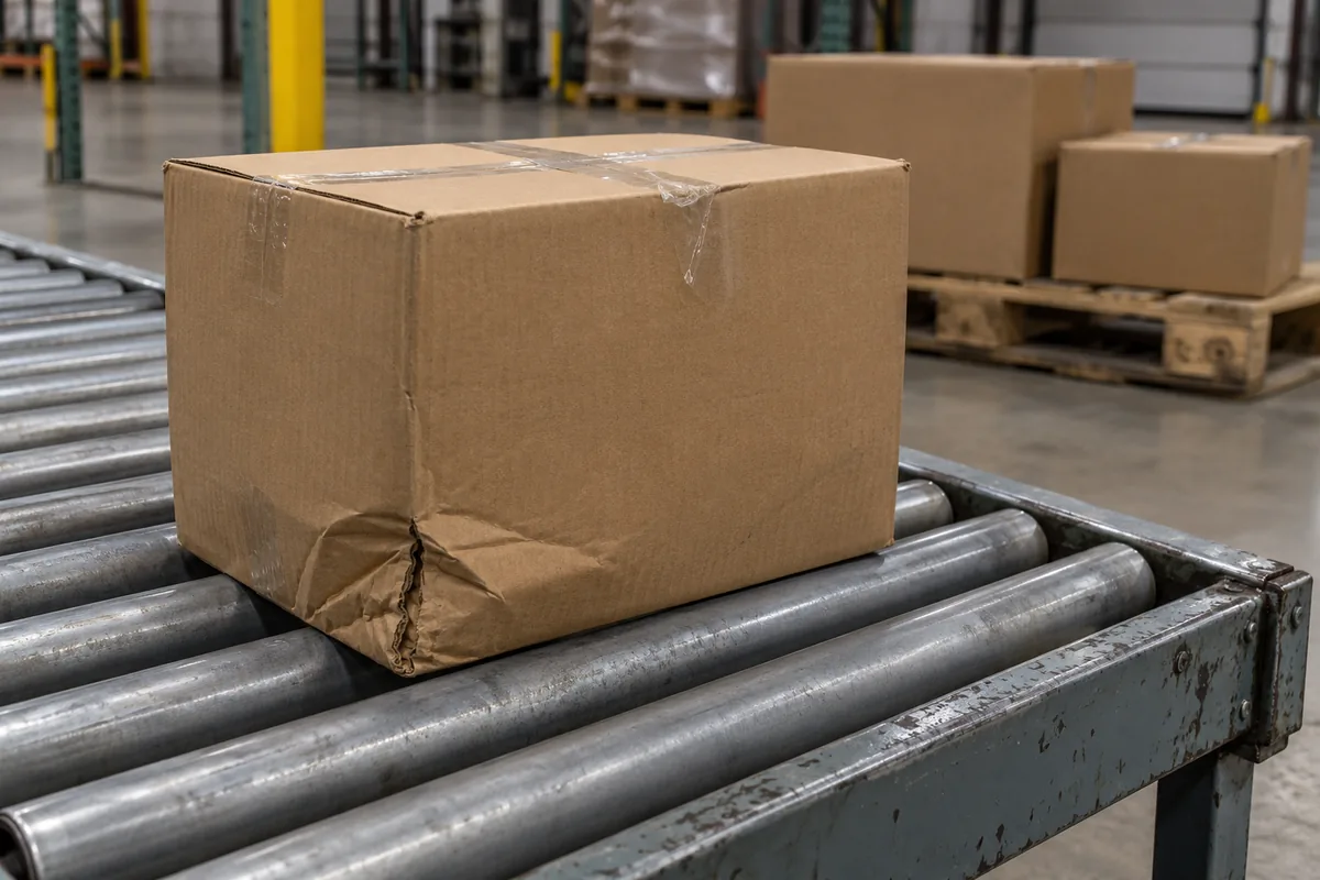 A plain brown corrugated shipping carton with a crushed lower corner on a steel receiving roller conveyor, with intact cartons on a wooden pallet behind it.
