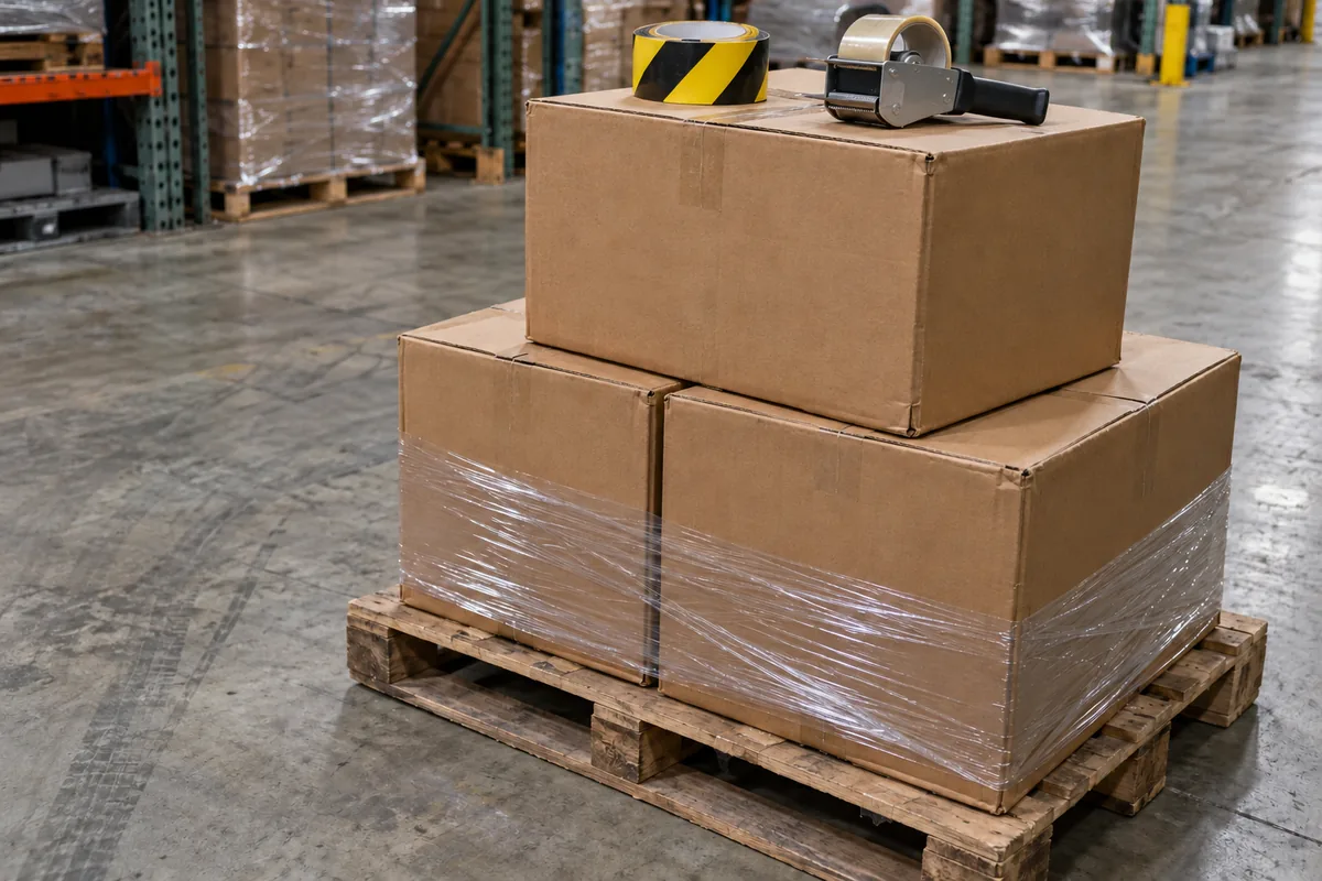 Three plain brown corrugated master cartons stacked on a stretch-wrapped wooden pallet on a warehouse concrete floor, with yellow-and-black barrier tape and a metal tape dispenser resting on the top carton.