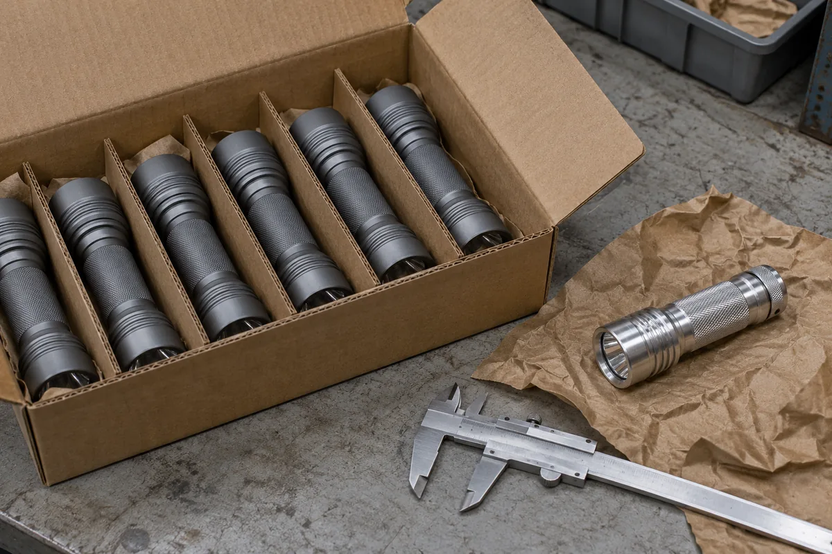 An open corrugated carton with cell dividers holding matte-grey aluminum flashlights on a packing bench, beside one glossy silver flashlight on kraft paper and a stainless-steel vernier caliper.